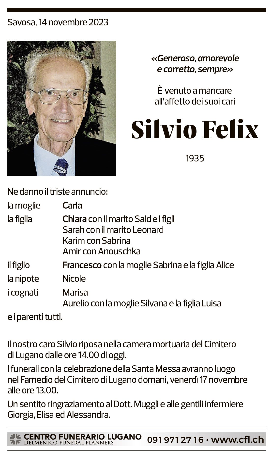 Annuncio funebre Silvio Felix