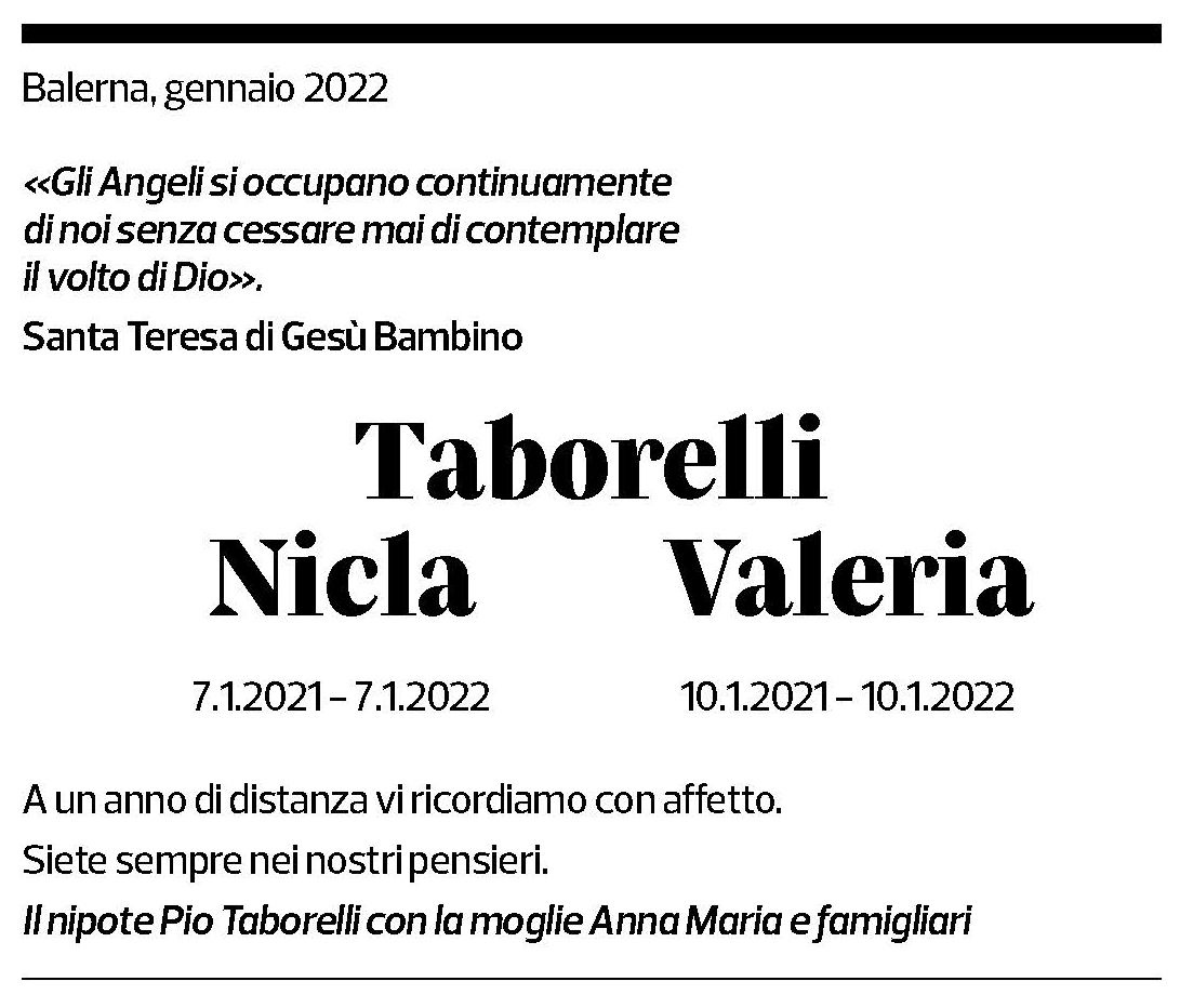 Annuncio funebre Nicla E Valeria Taborelli