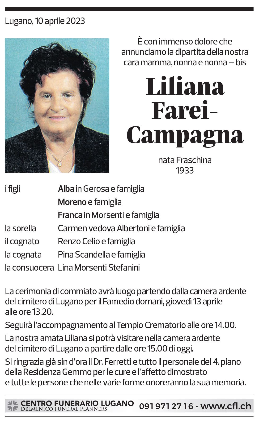 Annuncio funebre Liliana Farei-campagna