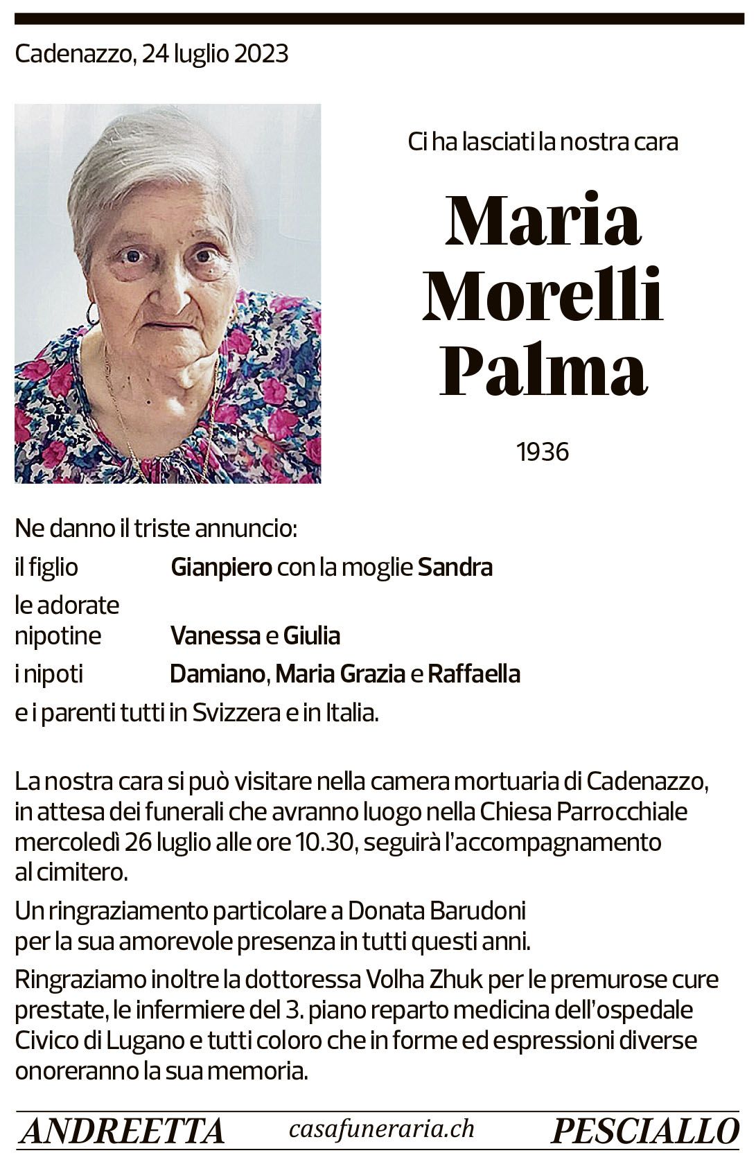 Annuncio funebre Maria Morelli Palma