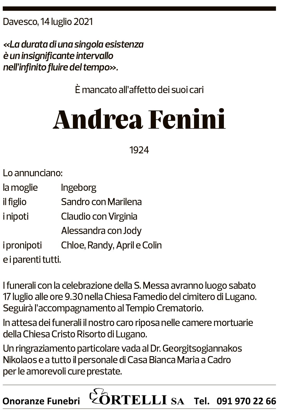 Annuncio funebre Andrea Fenini