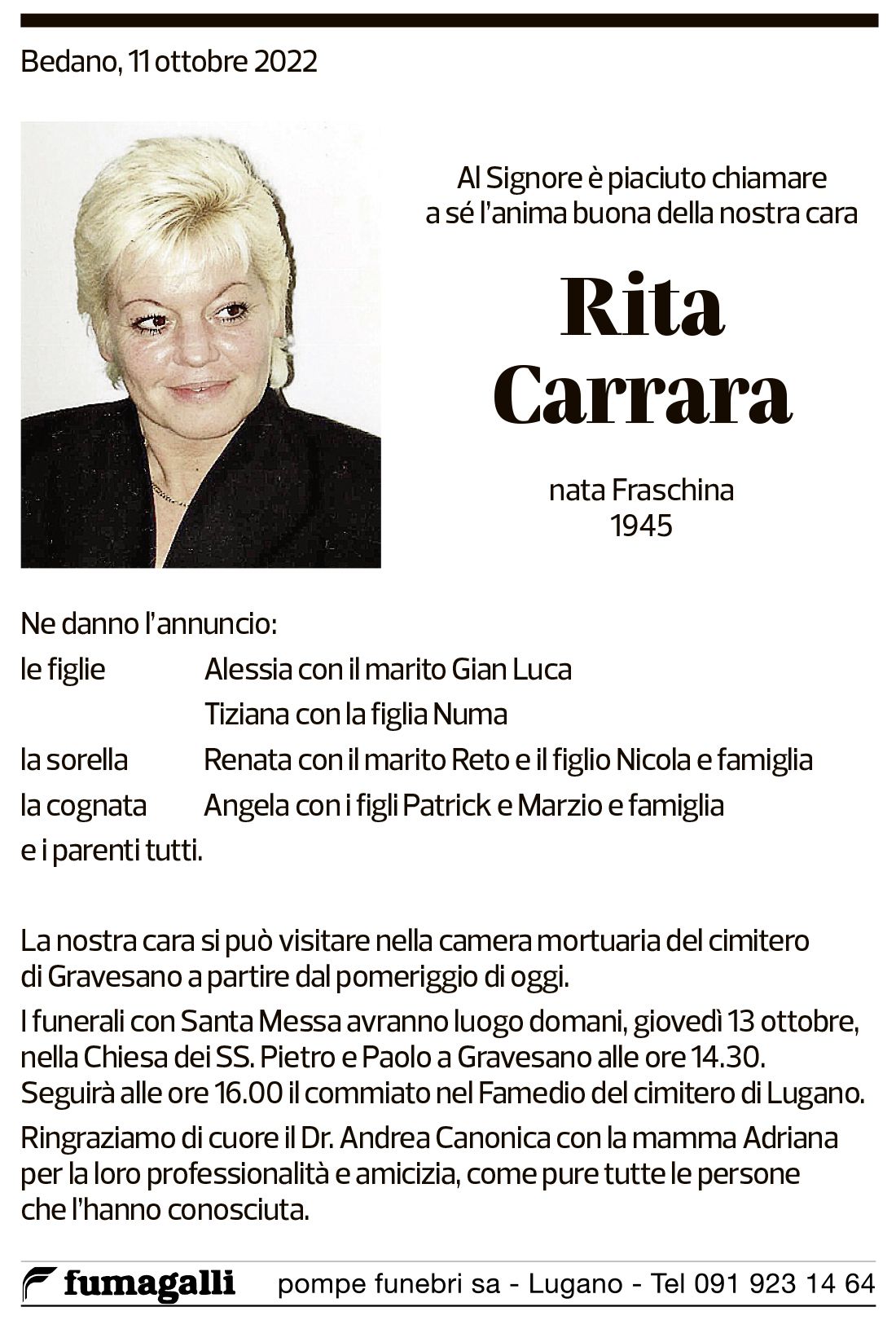 Annuncio funebre Rita Carrara