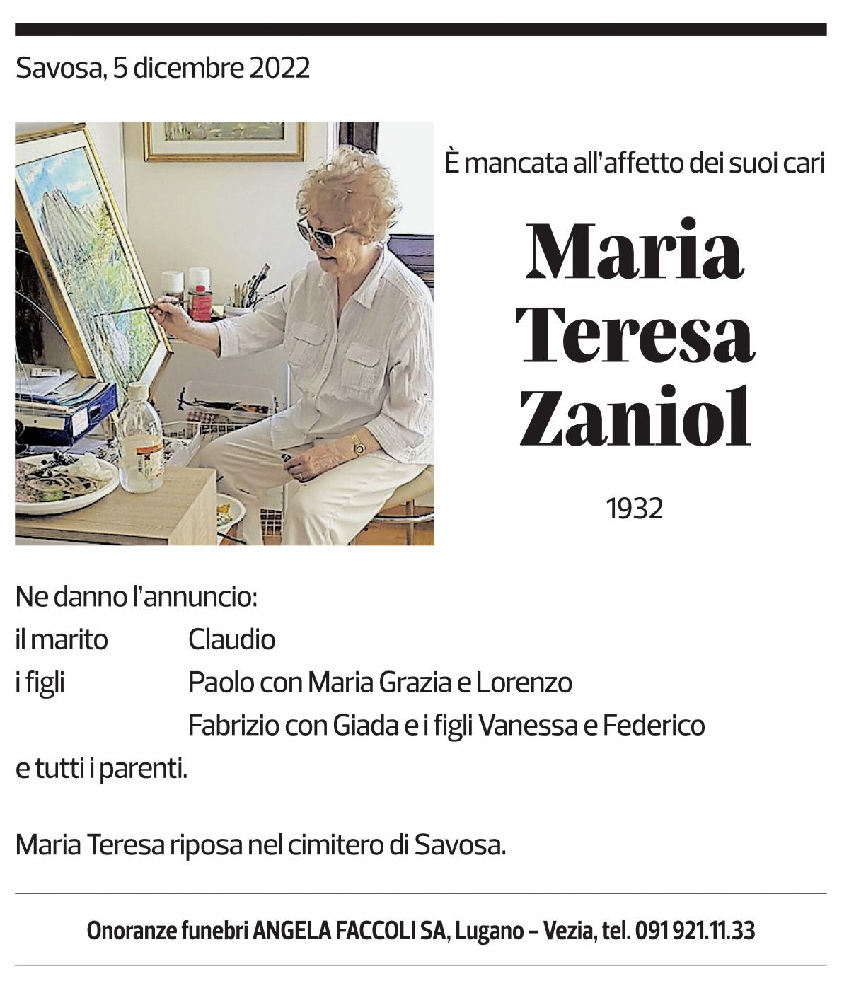 Annuncio funebre Maria Teresa Zaniol