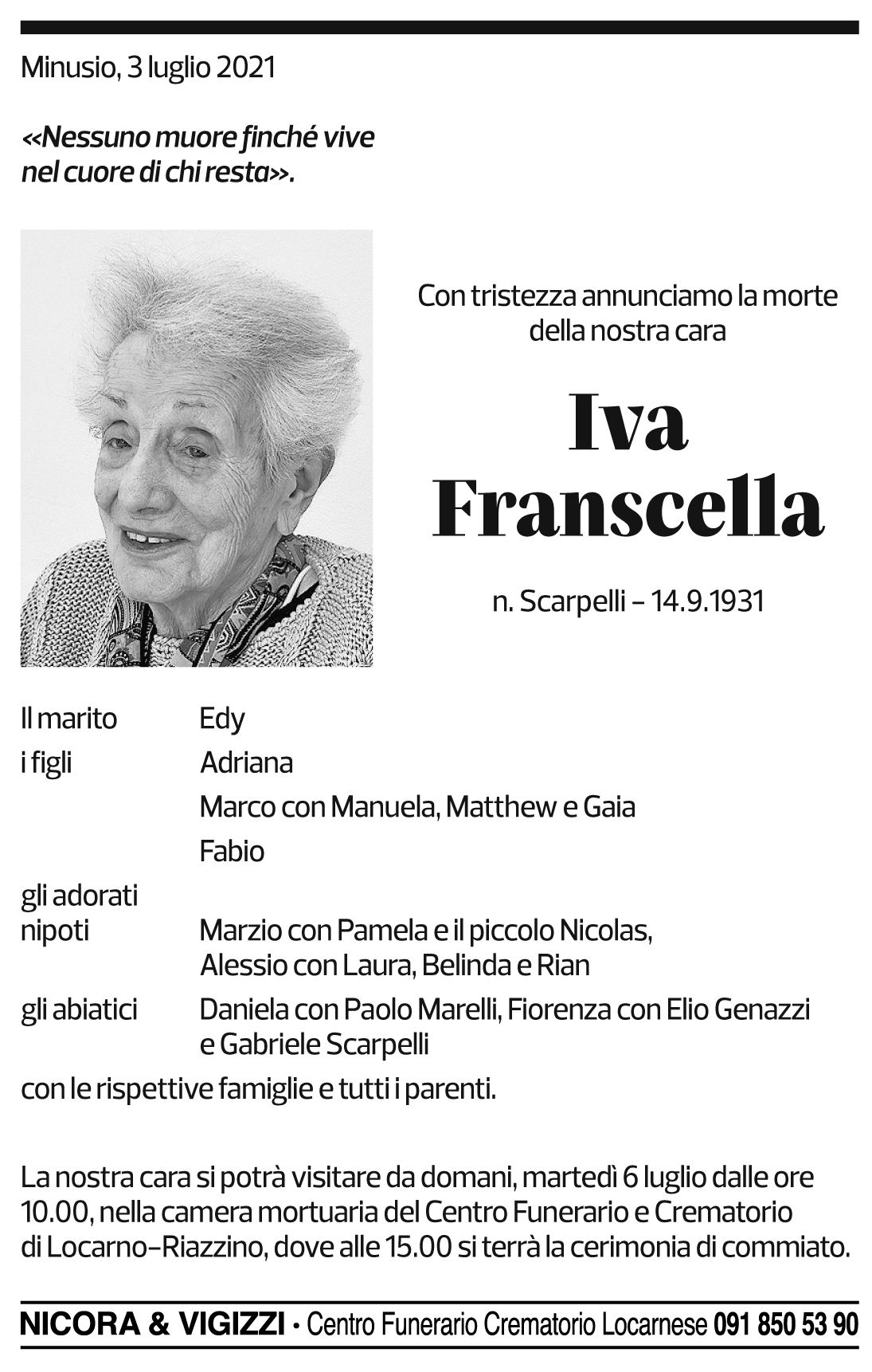 Annuncio funebre Iva Franscella