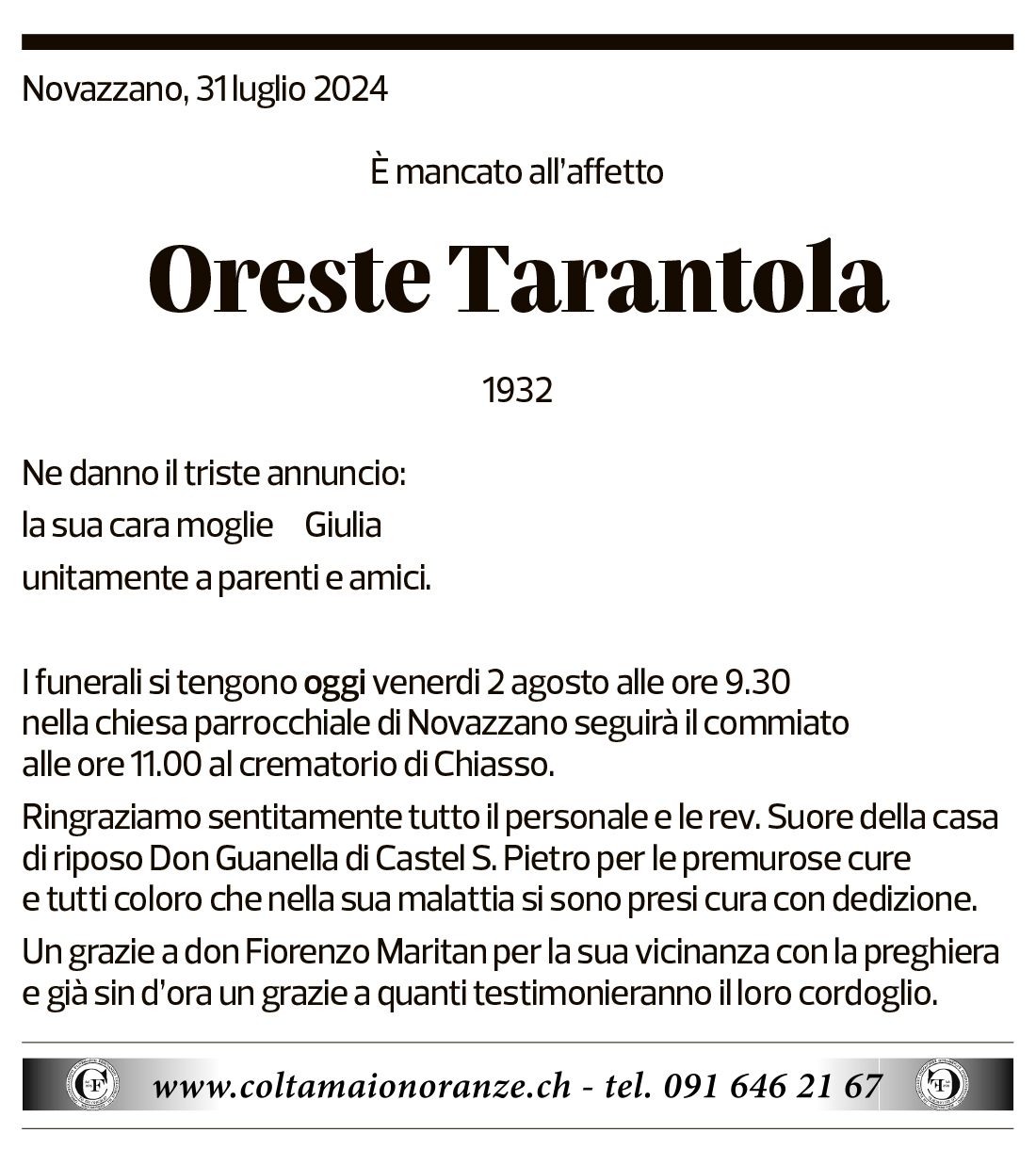 Annuncio funebre Oreste Tarantola