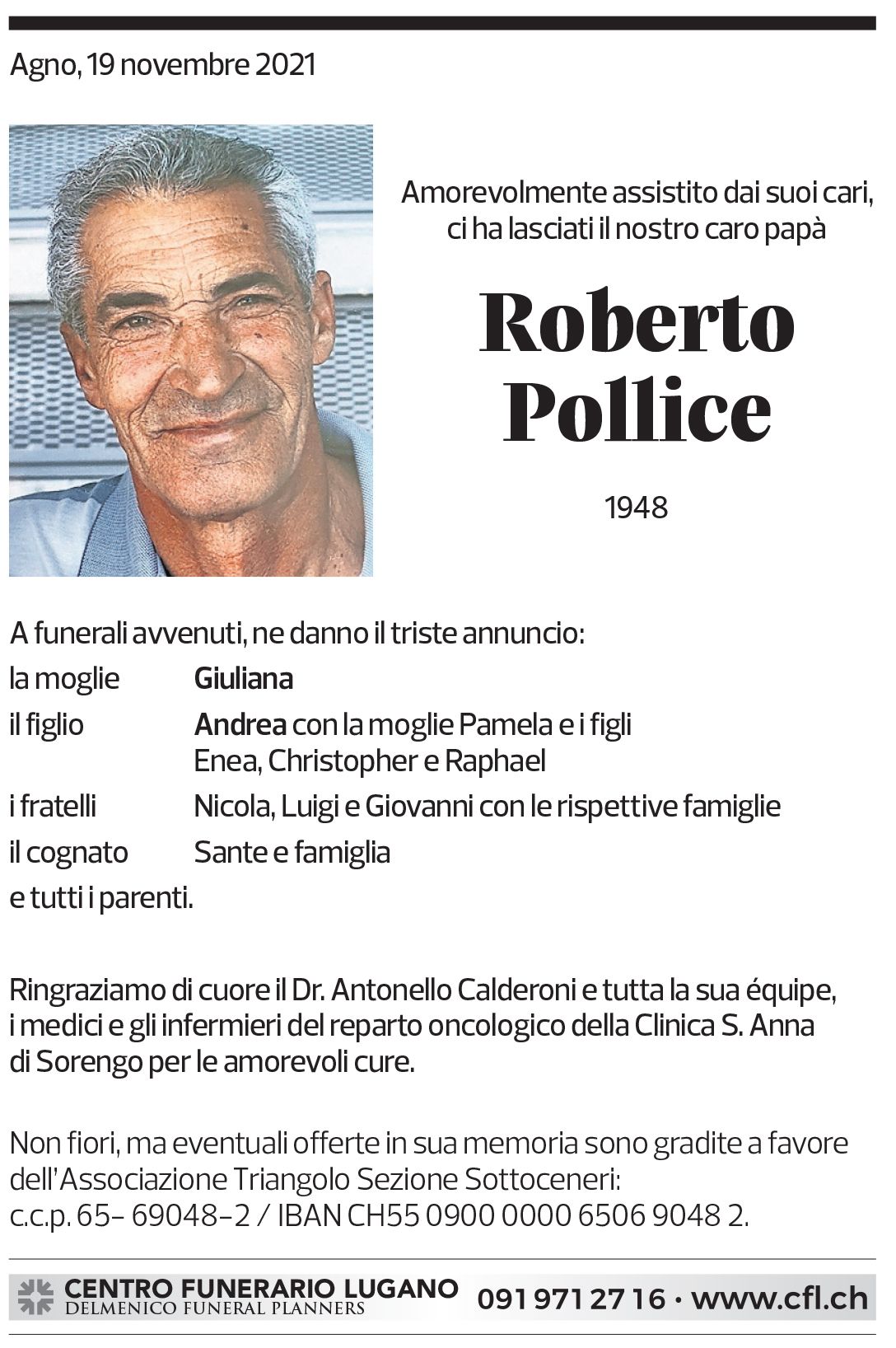 Annuncio funebre Roberto Pollice