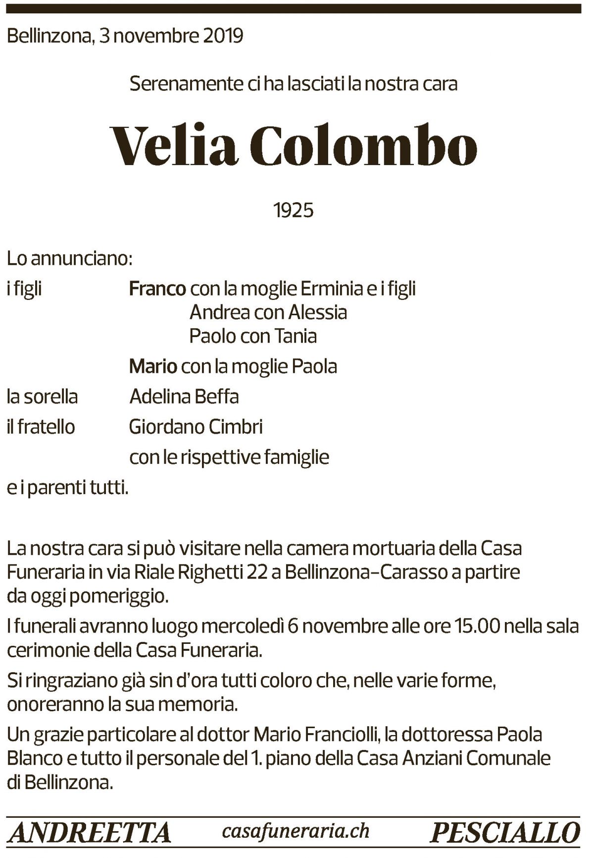 Annuncio funebre Velia Colombo