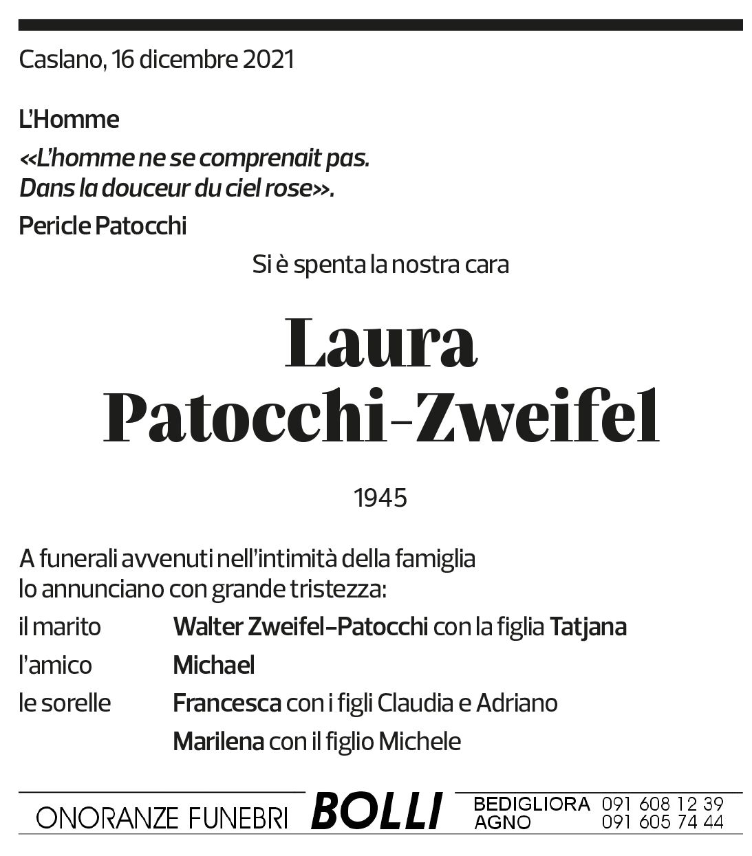 Annuncio funebre Laura Patocchi-zweifel