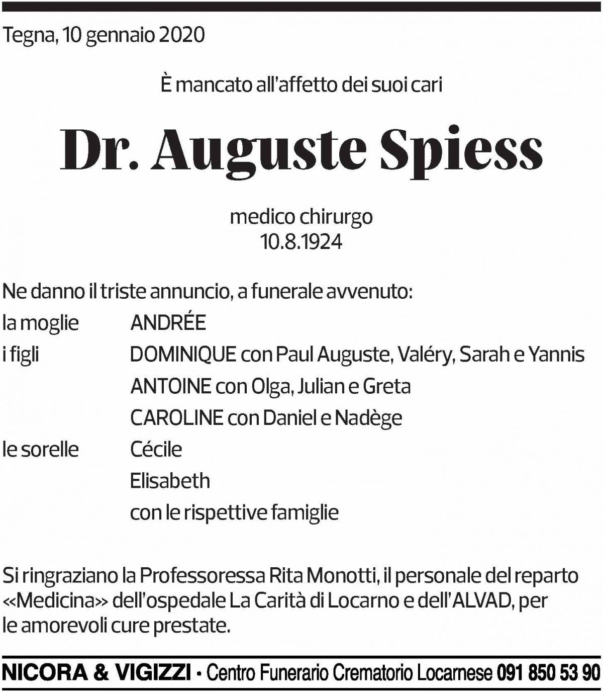 Annuncio funebre Auguste Spiess