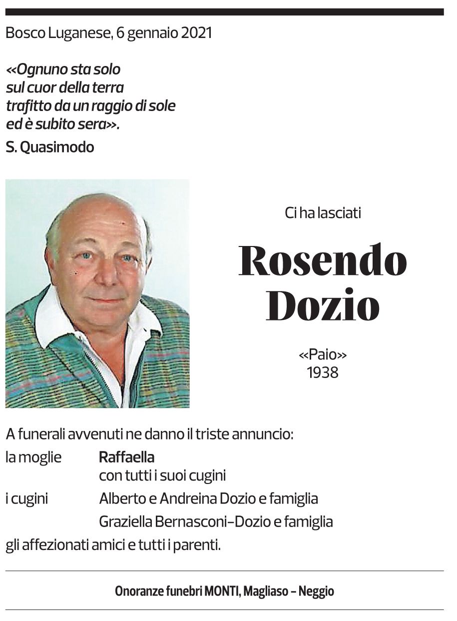 Annuncio funebre Rosendo Dozio