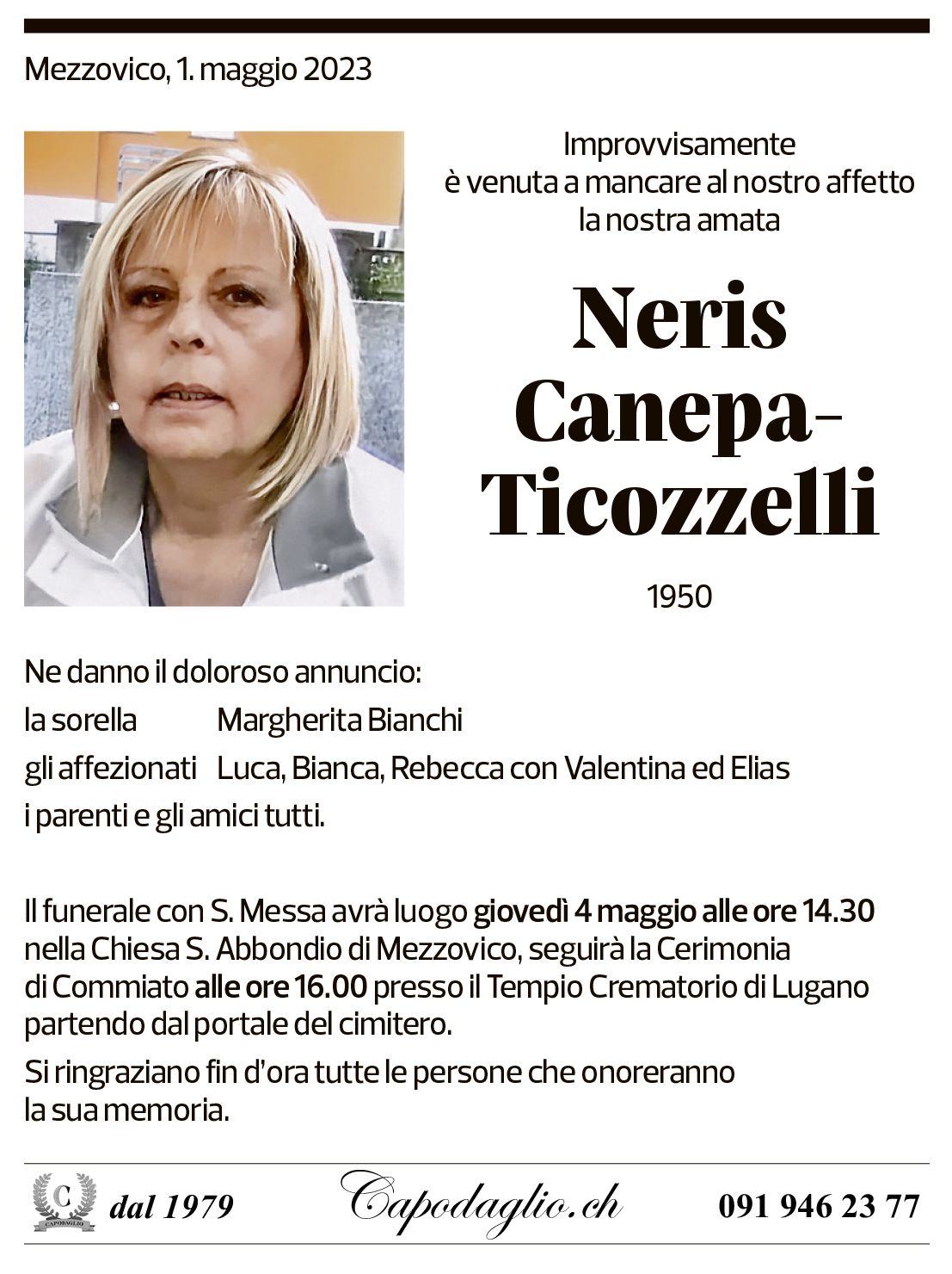 Annuncio funebre Neris Canepa-ticozzelli