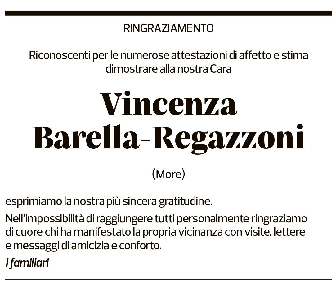 Annuncio funebre Vincenza Barella-regazzoni