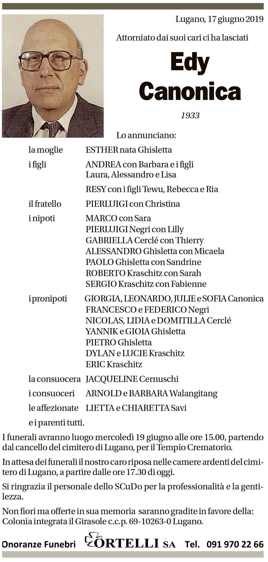 Annuncio funebre Edy Canonica