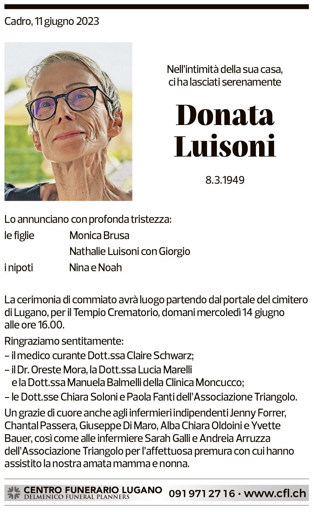 Annuncio funebre Donata Luisoni