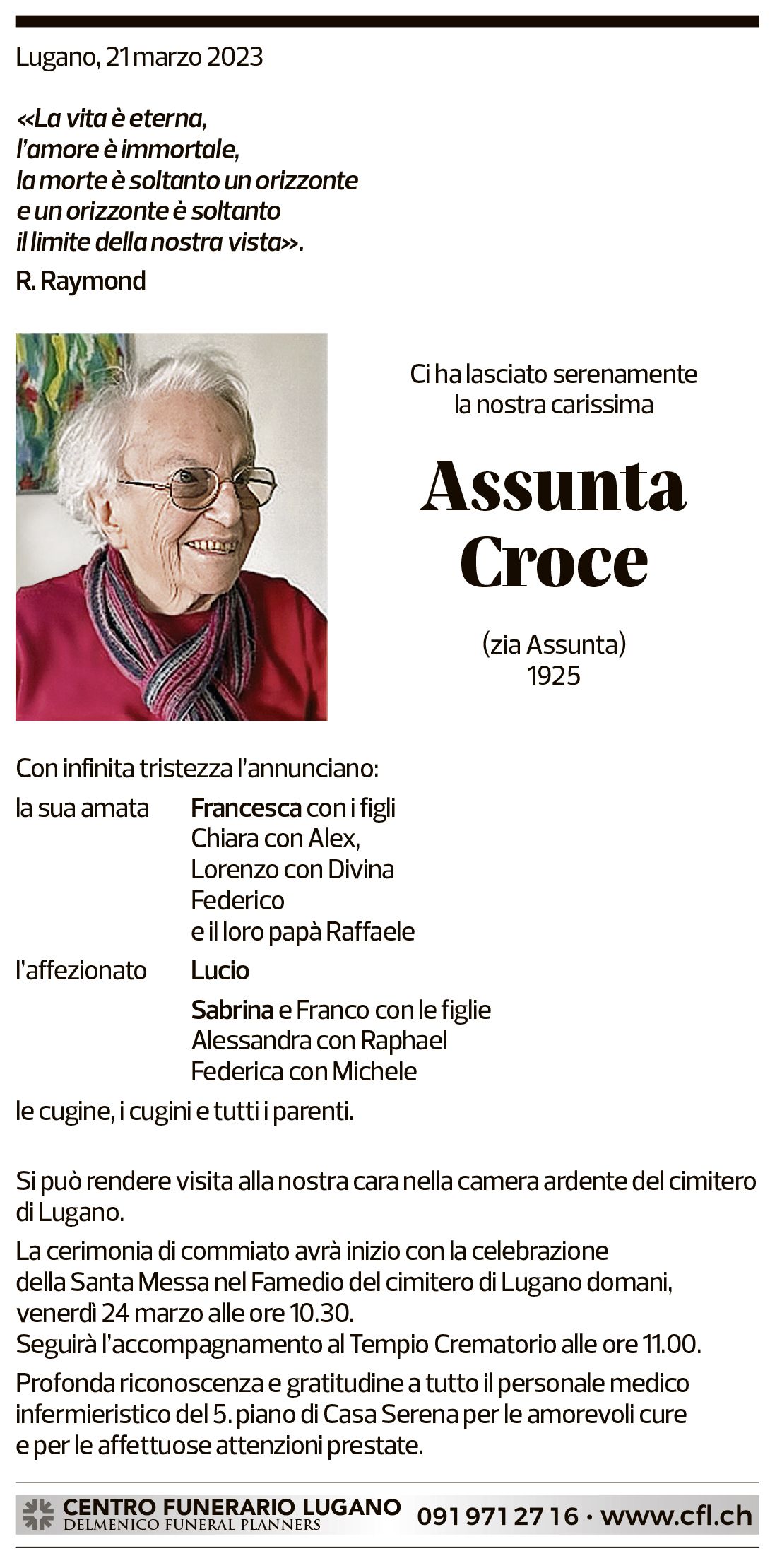 Annuncio funebre Assunta Croce