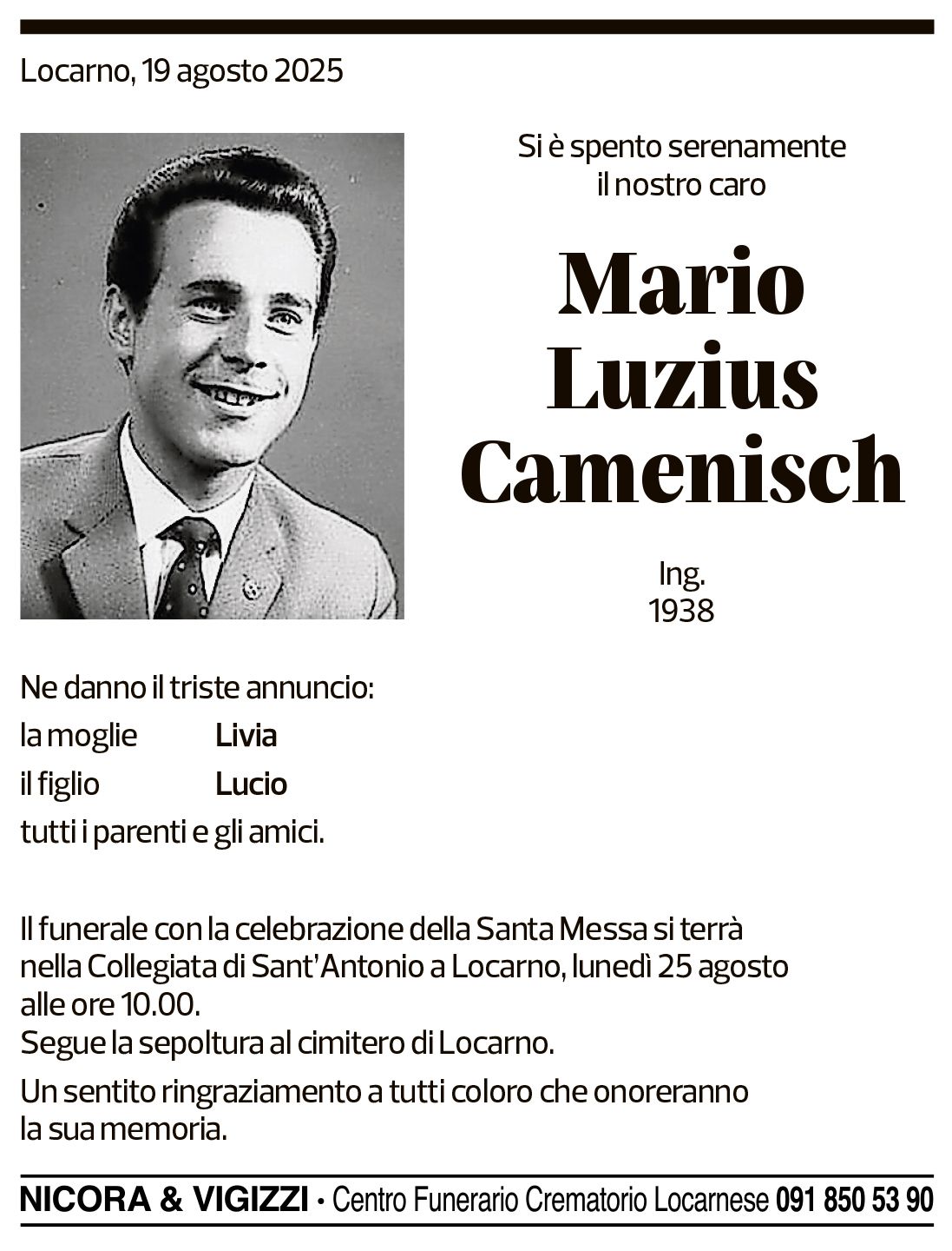 Annuncio funebre Mario Luzius Camenisch