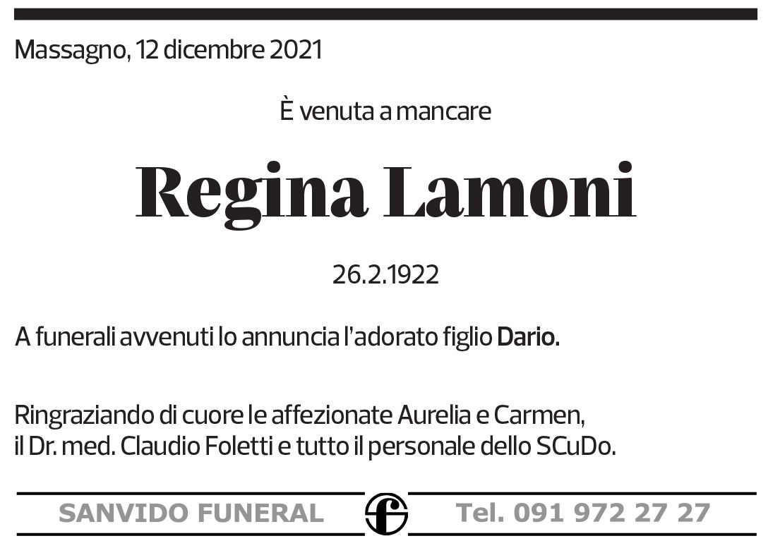 Annuncio funebre Regina Lamoni