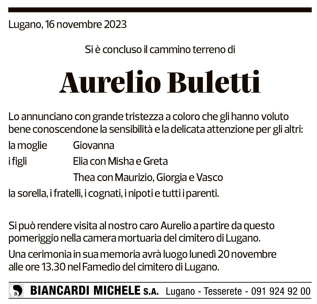 Annuncio funebre Aurelio Buletti