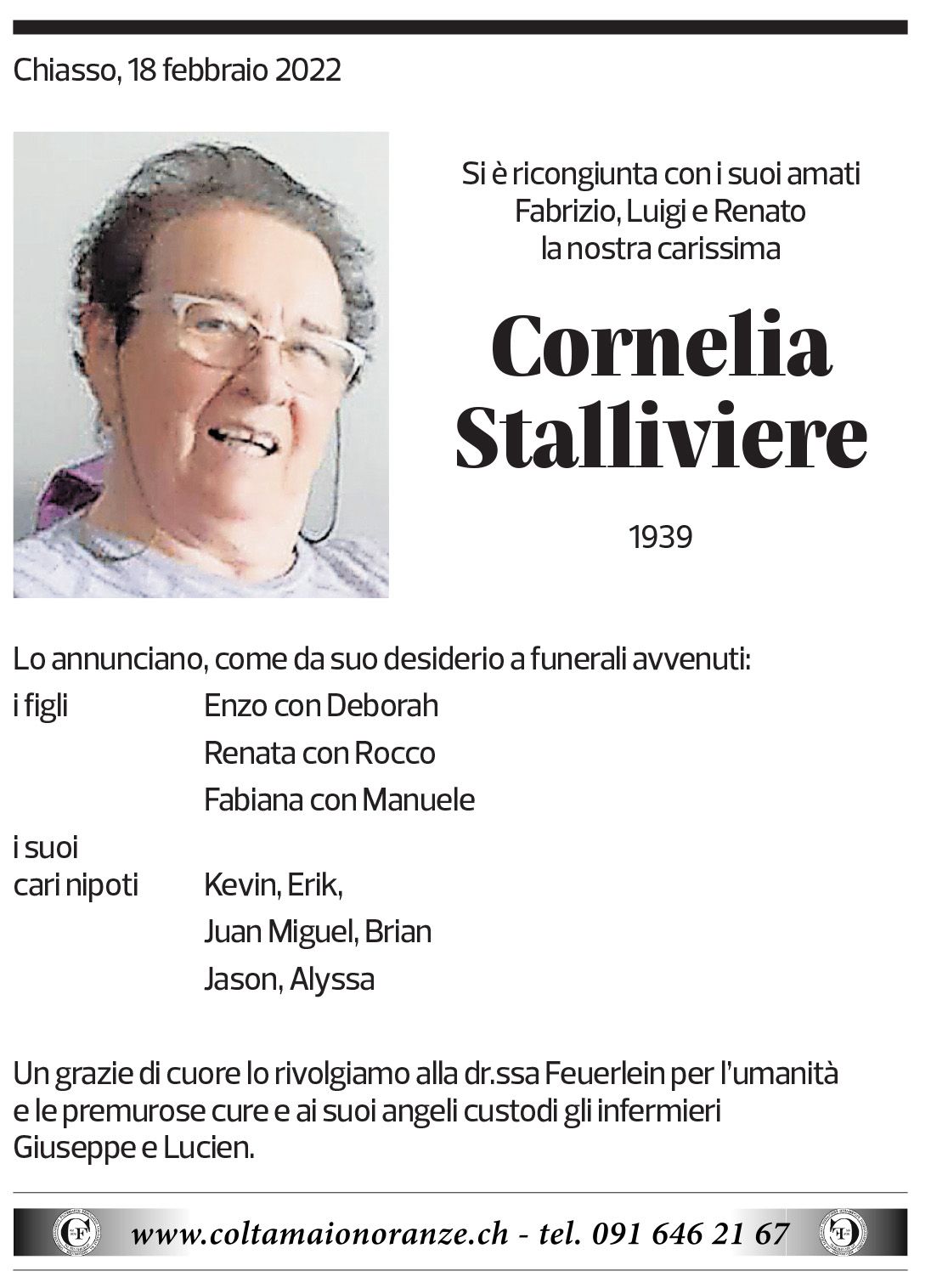 Annuncio funebre Cornelia Stalliviere