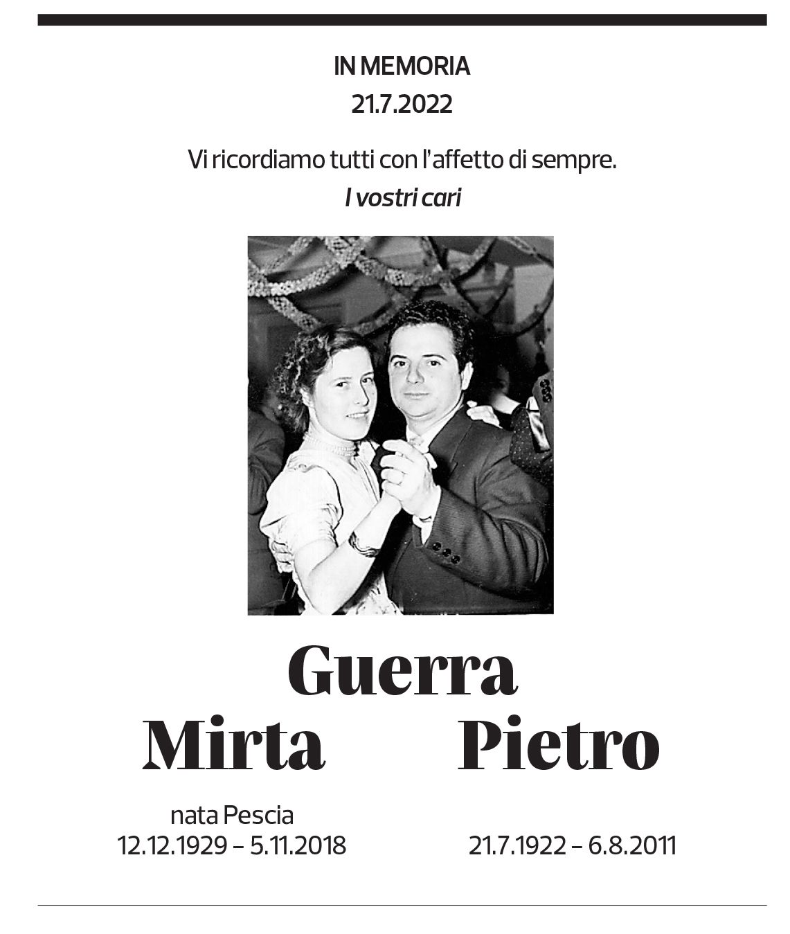 Annuncio funebre Mirta Pietro Guerra