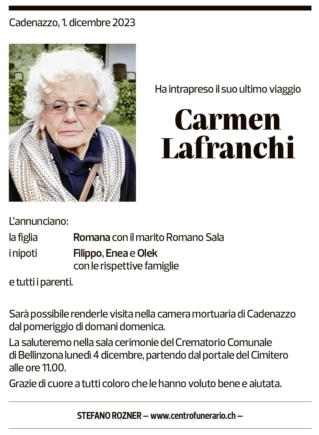 Annuncio funebre Carmen Lafranchi