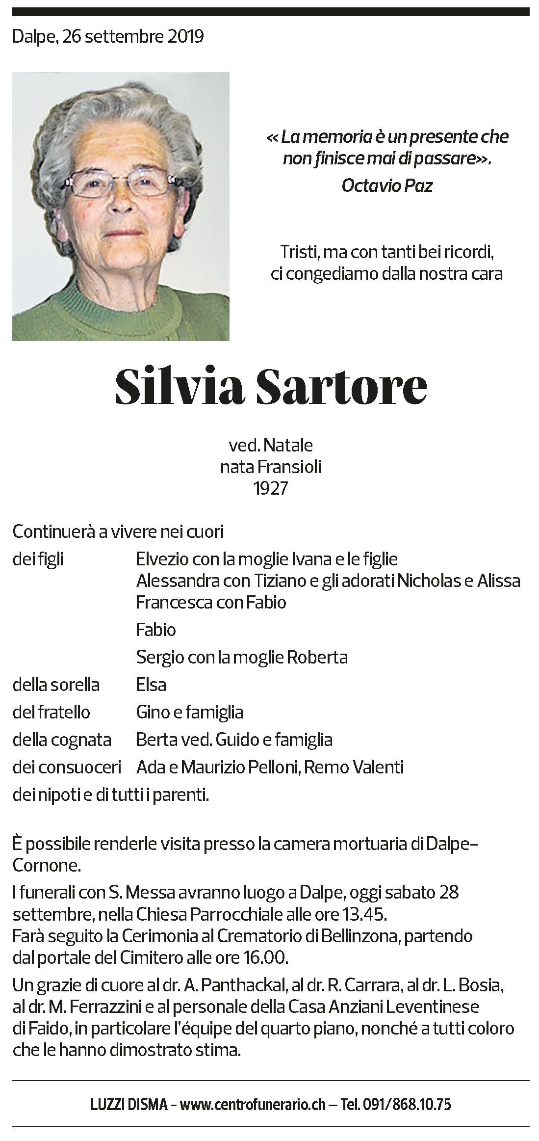 Annuncio funebre Silvia Sartore