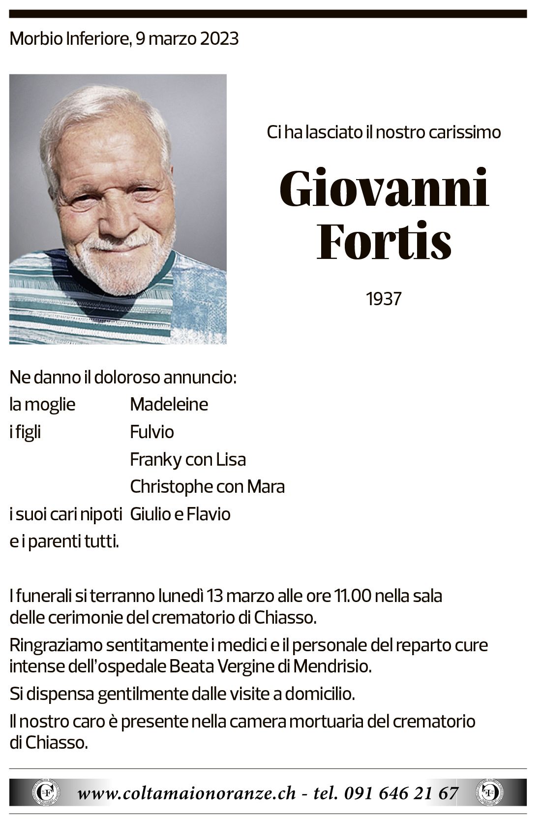 Annuncio funebre Giovanni Fortis