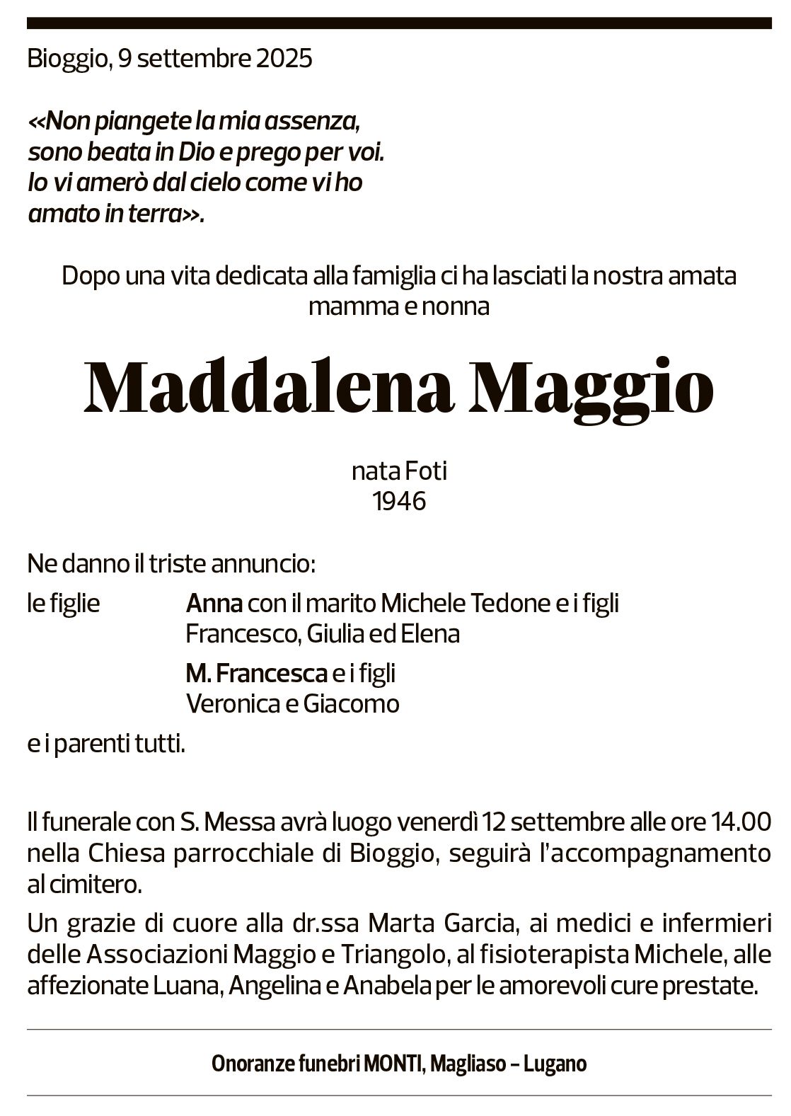 Annuncio funebre Mariangela Maggio