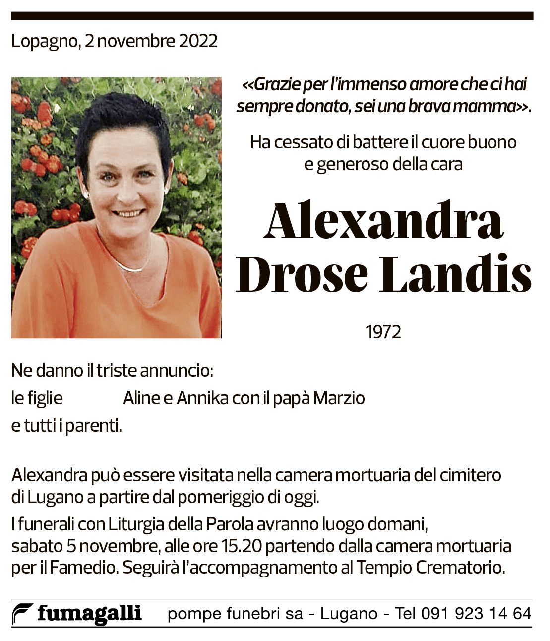 Annuncio funebre Alexandra Drose Landis