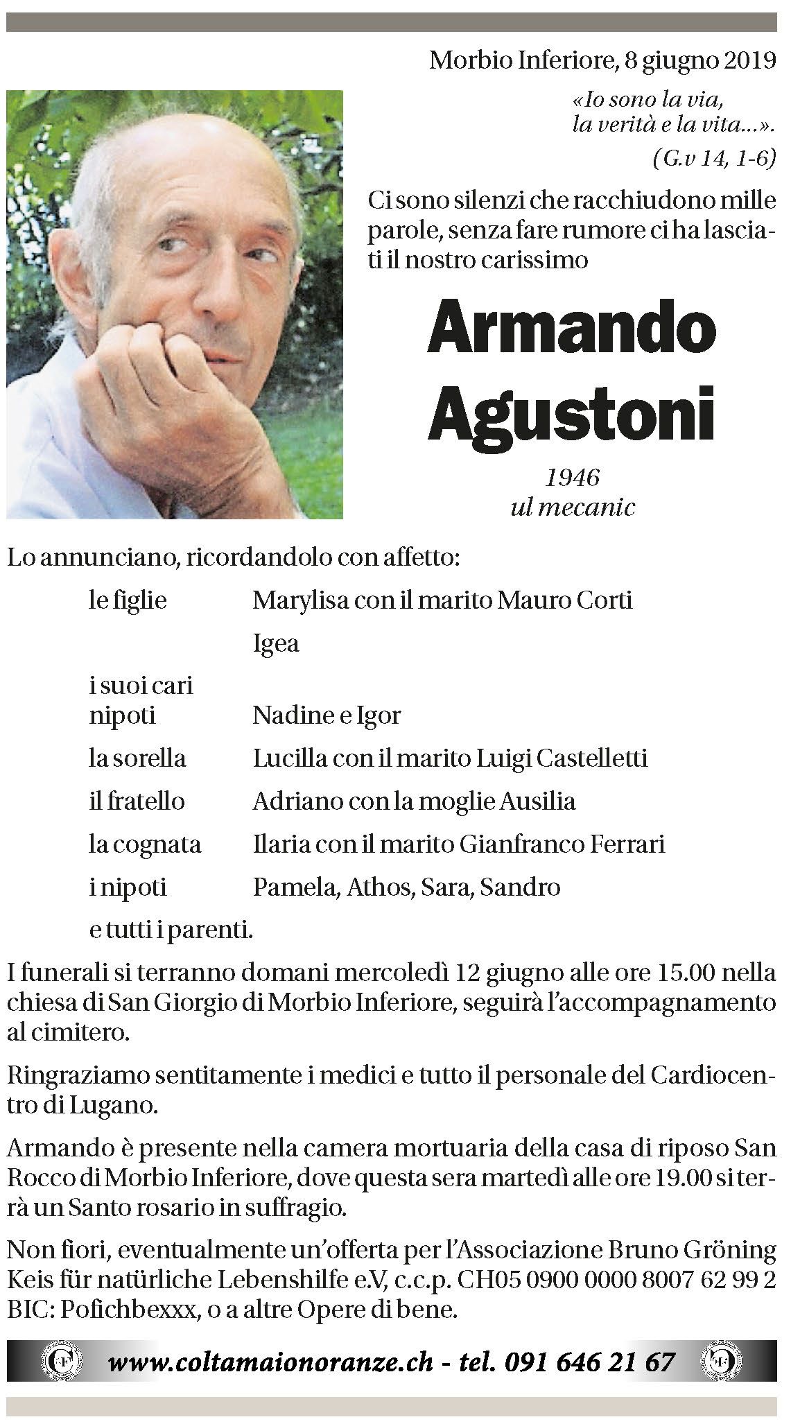Annuncio funebre Armando Augustoni