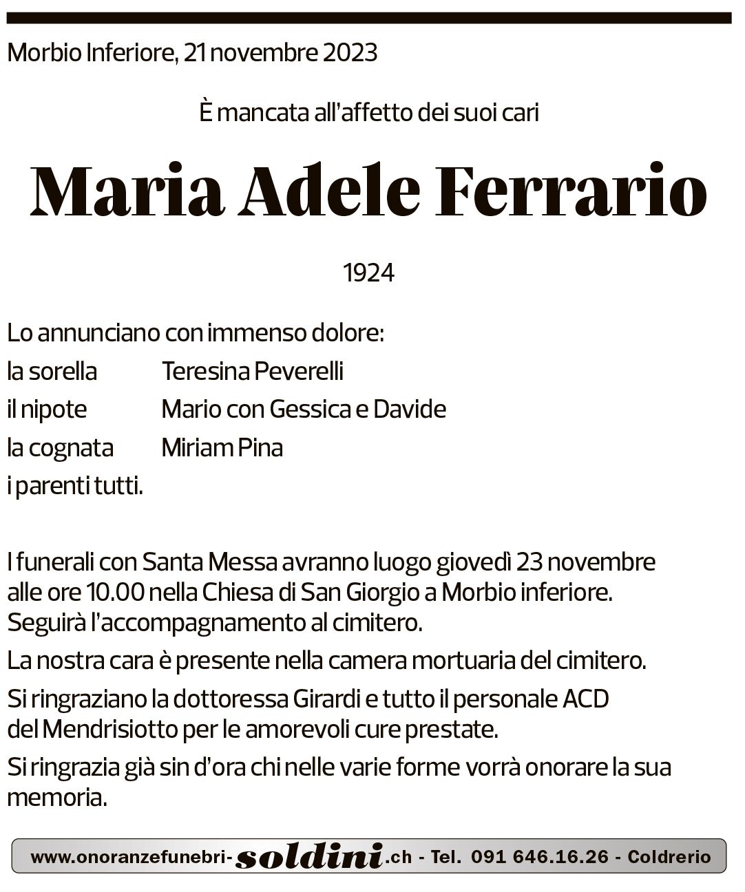 Annuncio funebre Maria Adele Ferrario