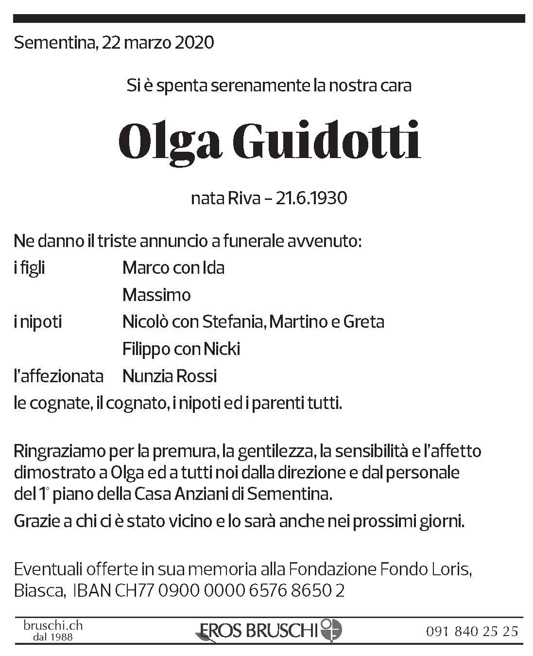 Annuncio funebre Olga Guidotti