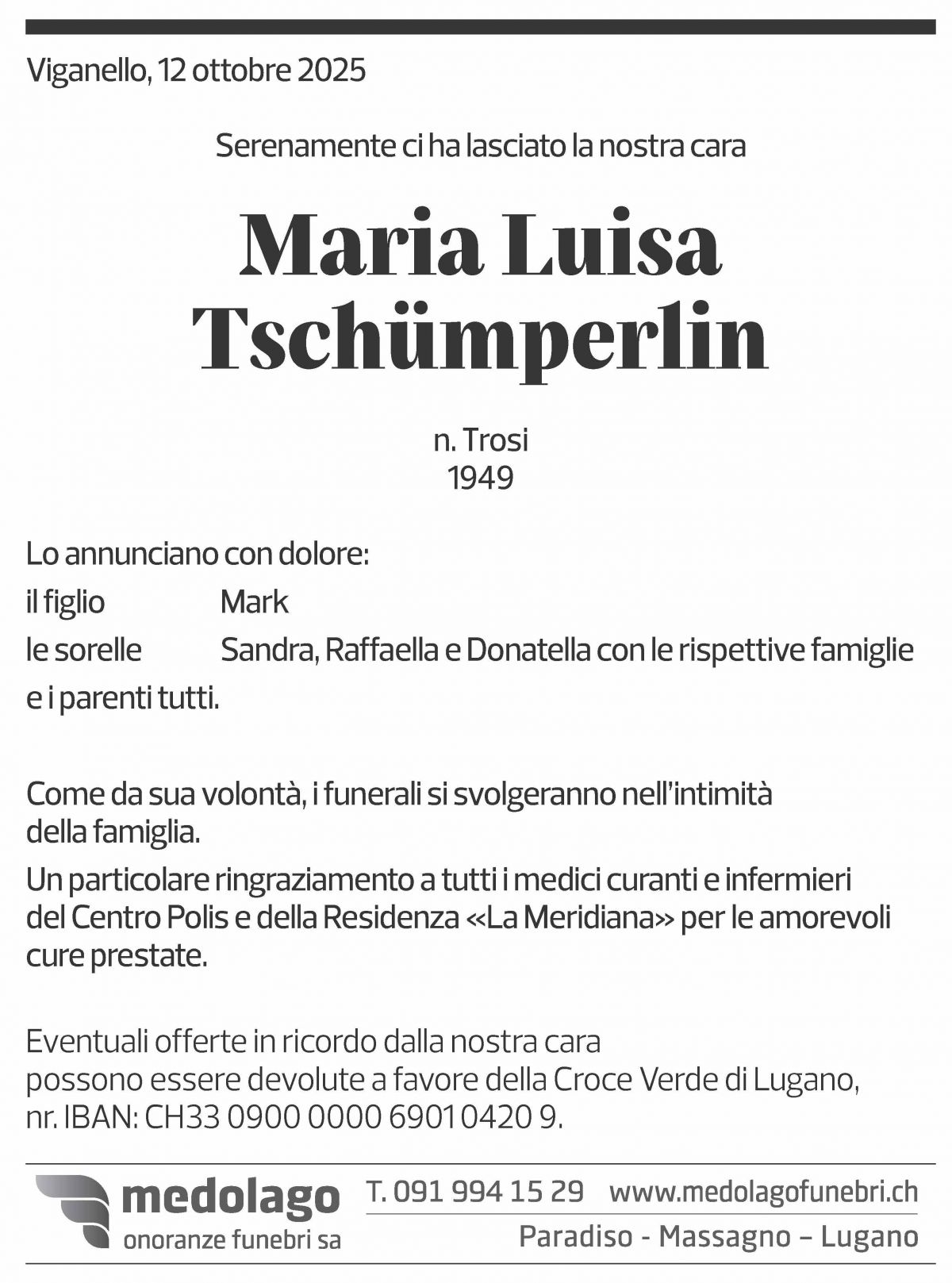 Annuncio funebre Maria Luisa Tschümperlin