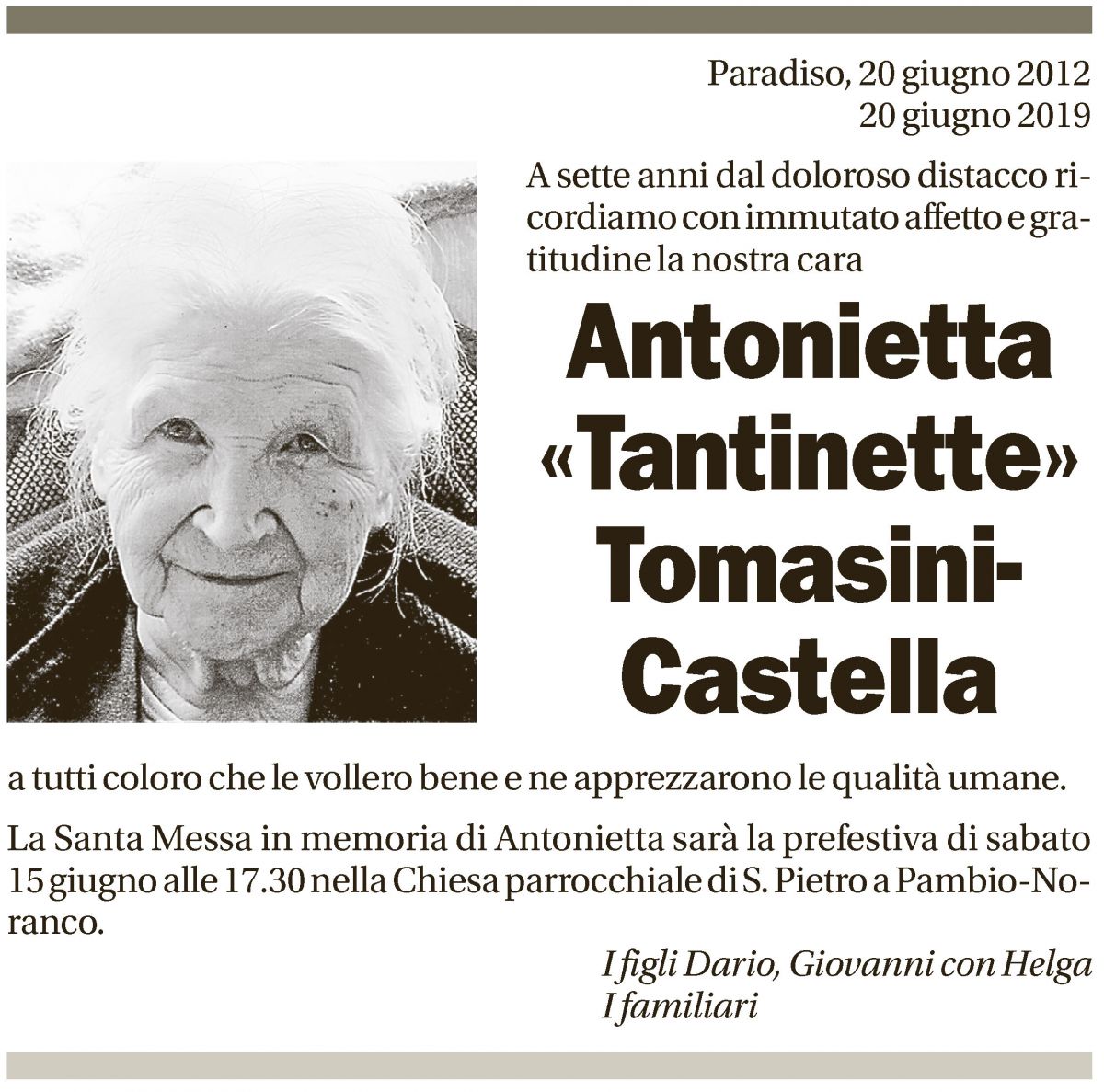 Annuncio funebre Antonietta Tomasini-castella
