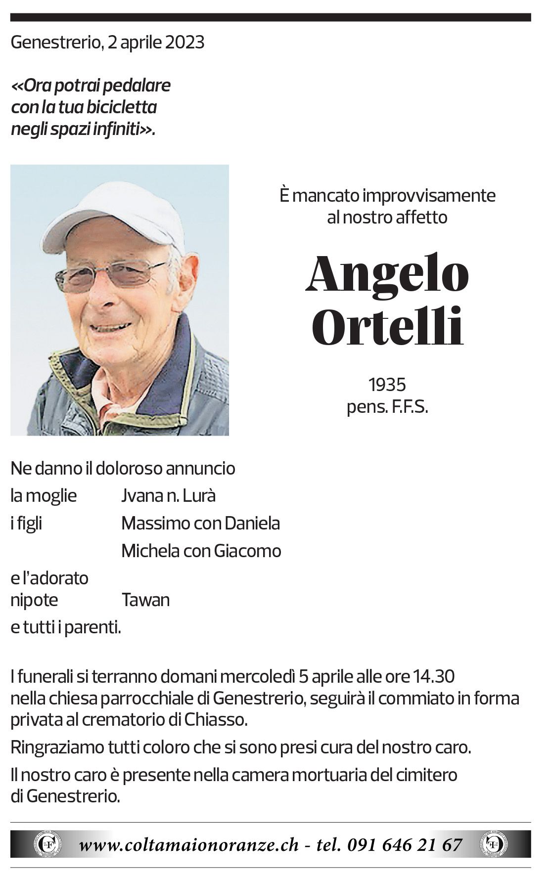 Annuncio funebre Angelo Ortelli