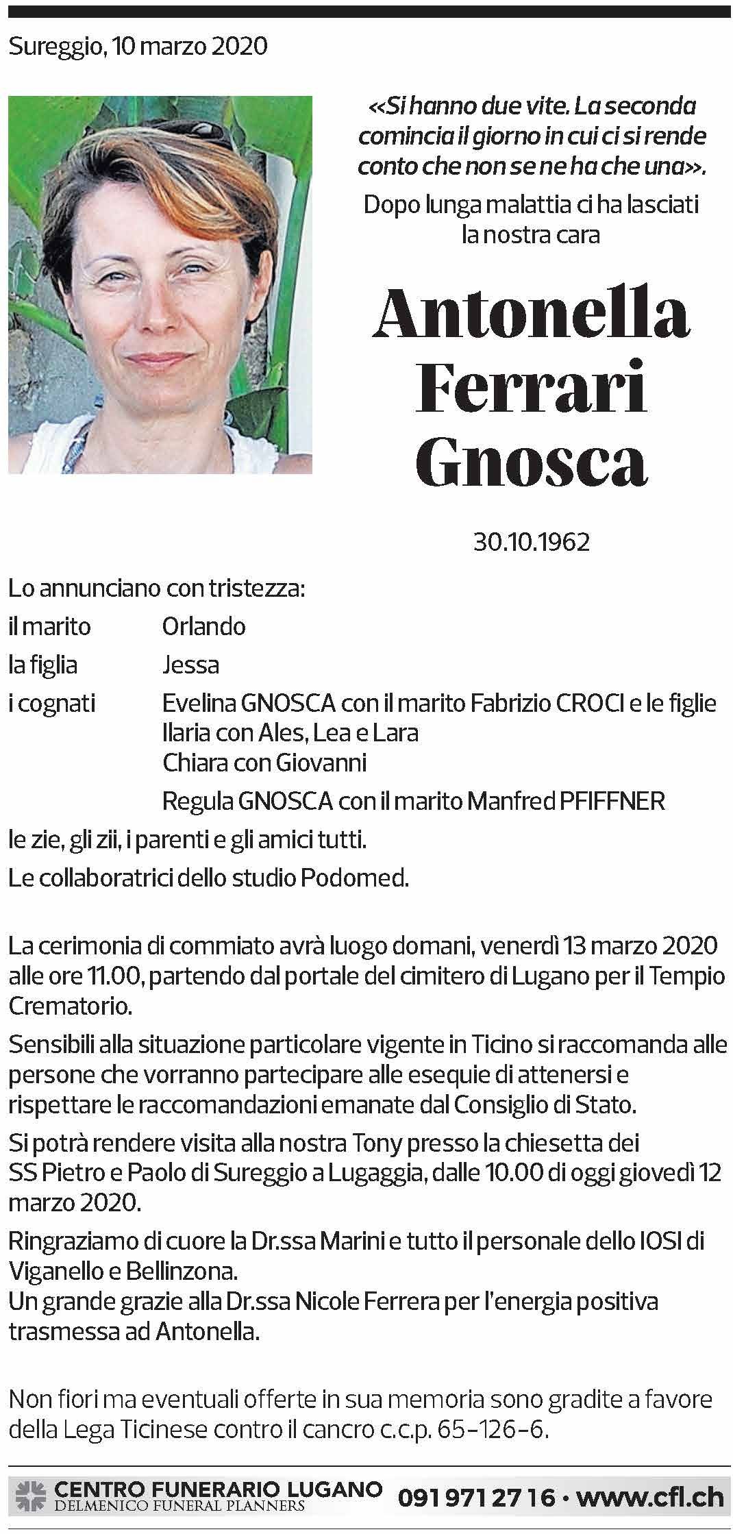 Annuncio funebre Antonella Ferrari Gnosca