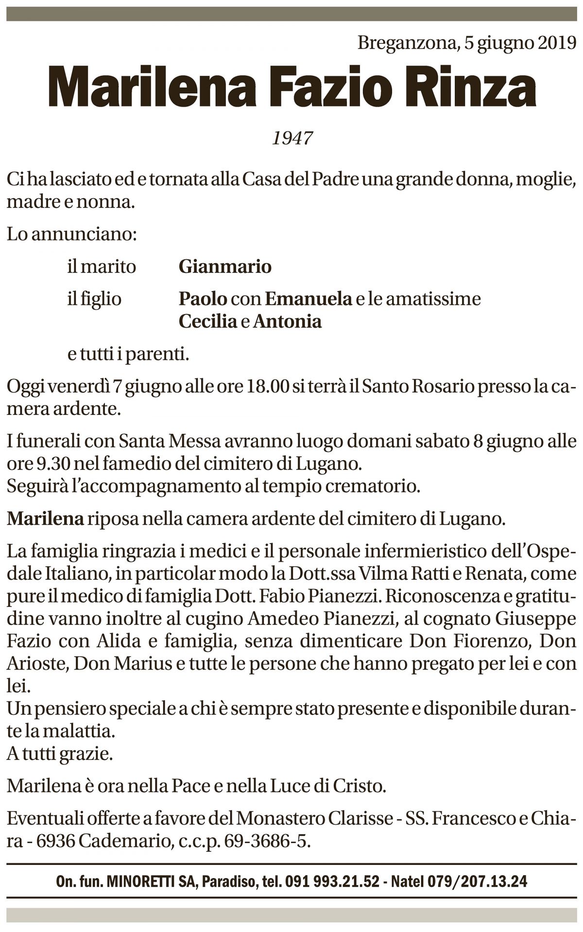 Annuncio funebre Marilena Fazio Rinza