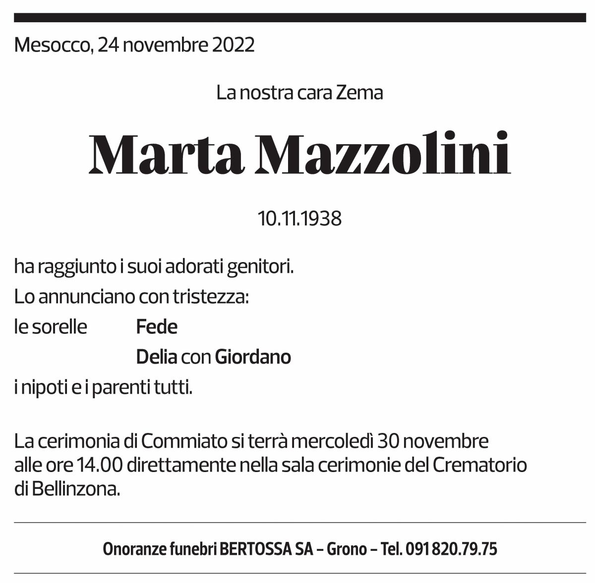 Annuncio funebre Marta Mazzolini