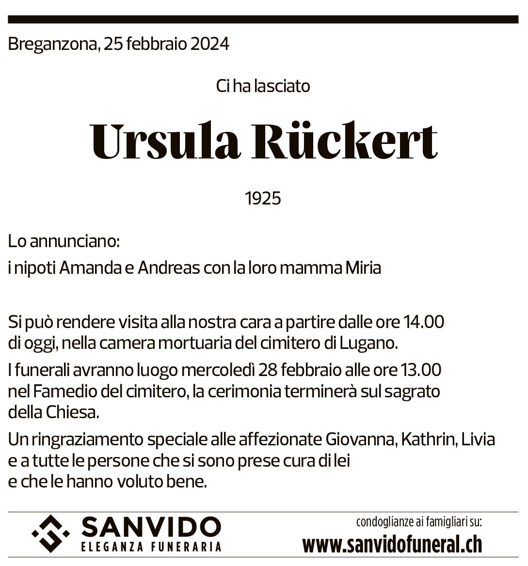 Annuncio funebre Ursula Rückert