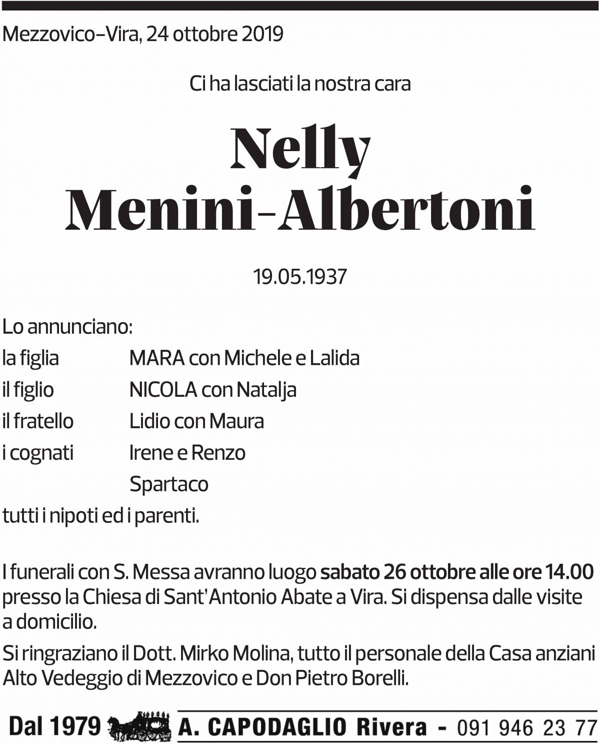 Annuncio funebre Nelly Menini-albertoni
