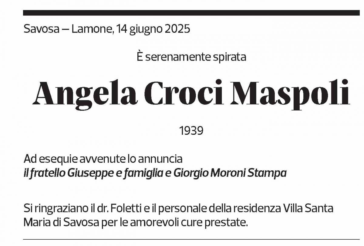 Annuncio funebre Angela Croci Maspoli