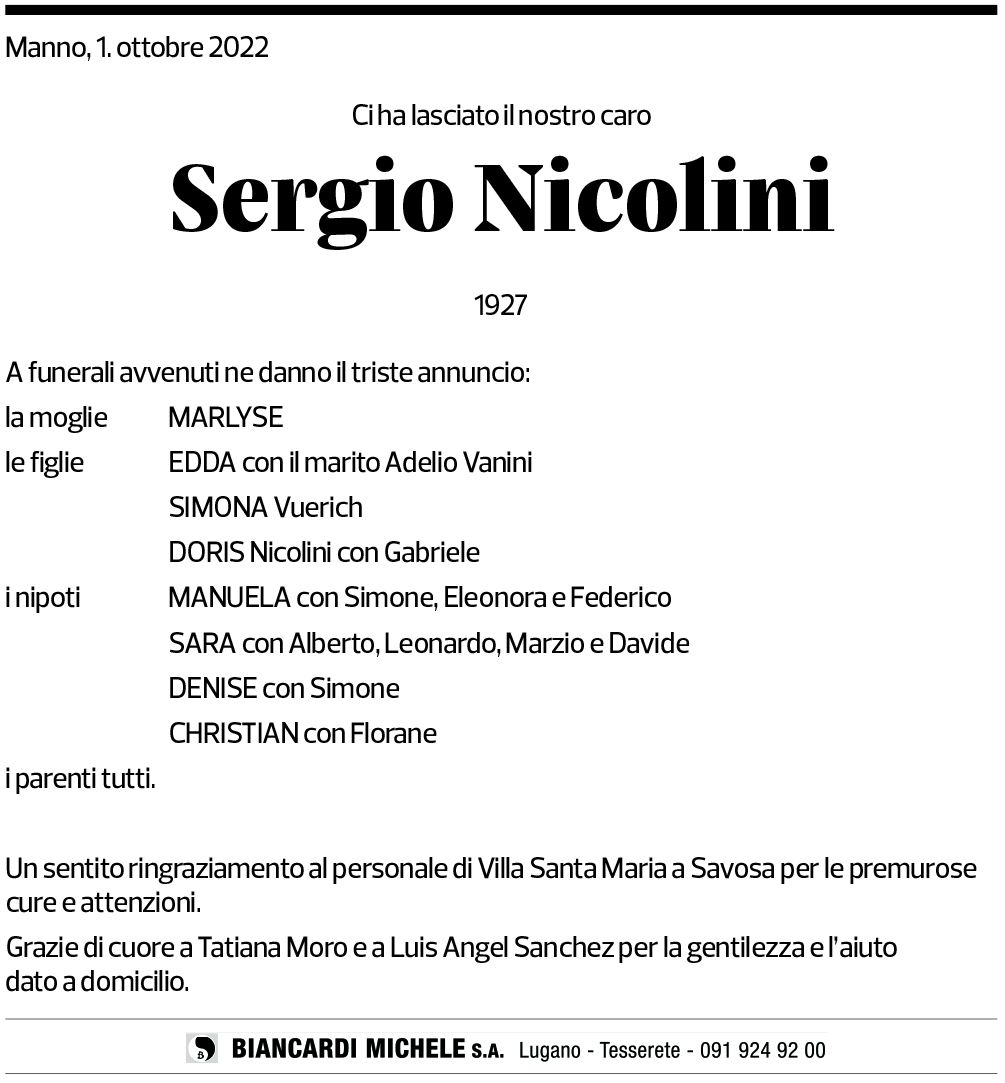 Annuncio funebre Sergio Nicolini