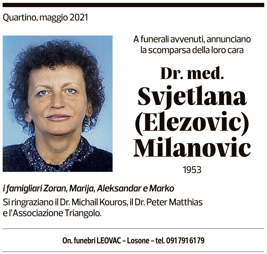 Annuncio funebre Svjetlana (elezovic) Milanovic