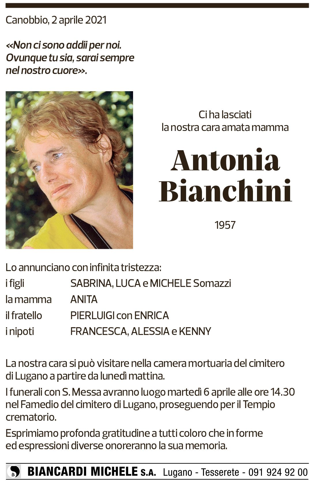 Annuncio funebre Antonia Bianchini