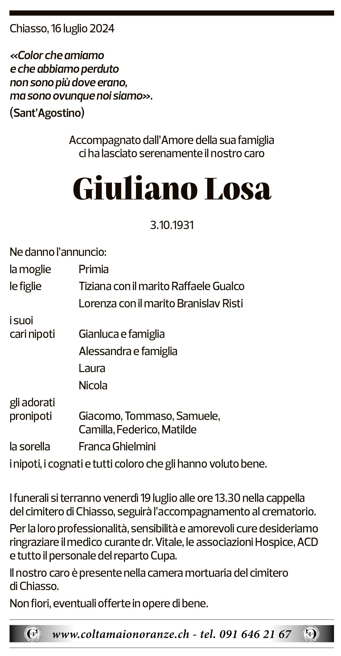 Annuncio funebre Giuliano Losa