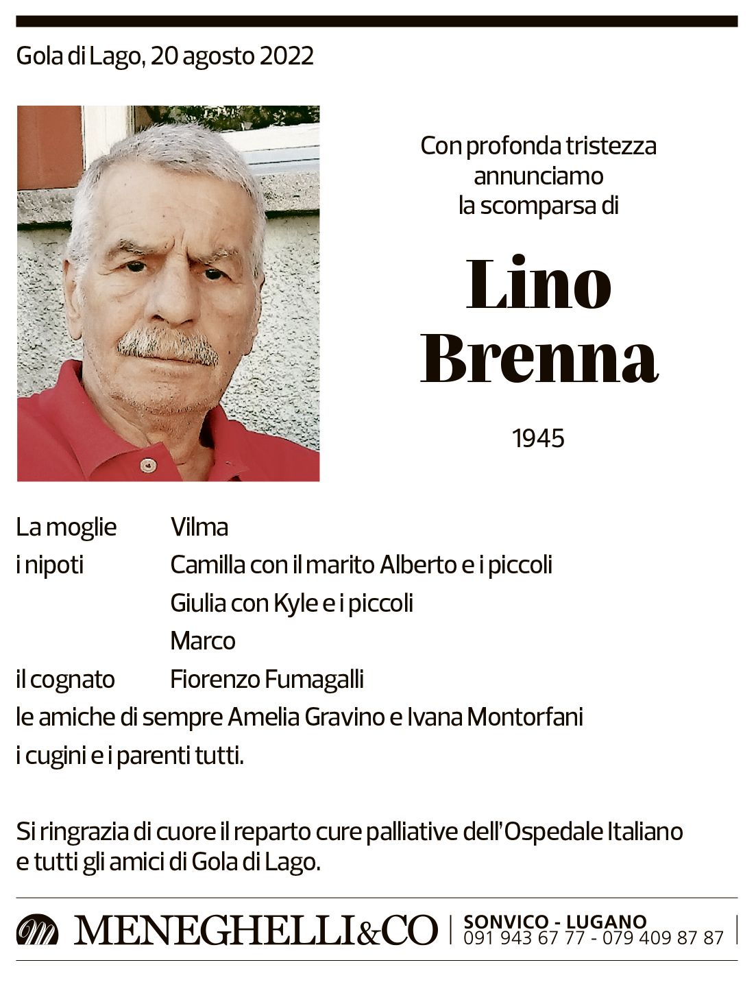 Annuncio funebre Lino Brenna