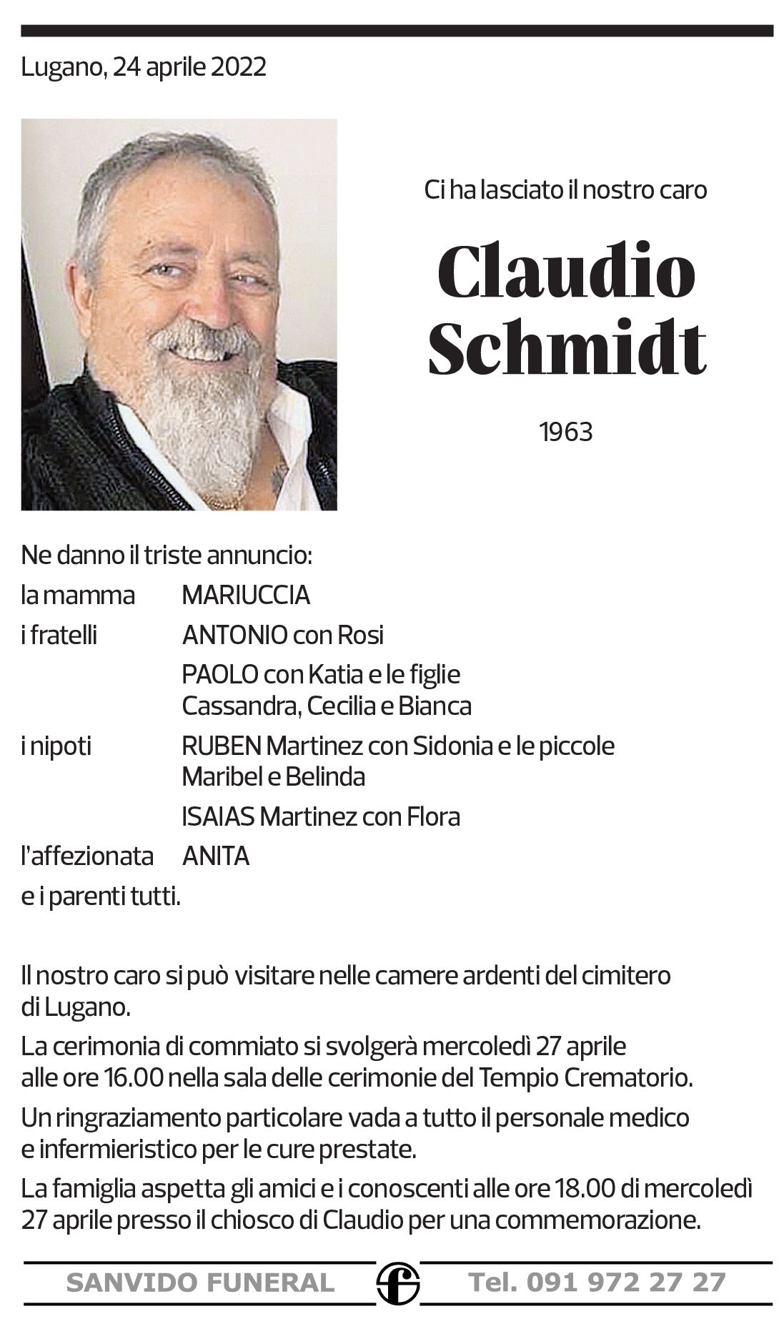 Annuncio funebre Claudio Schmidt