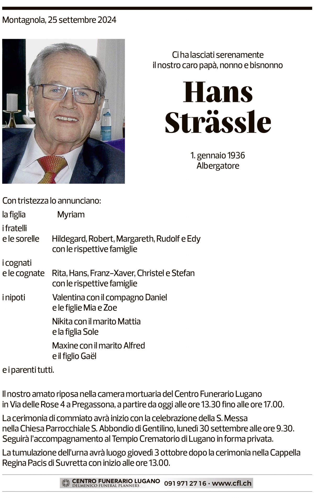 Annuncio funebre Hans Strässle