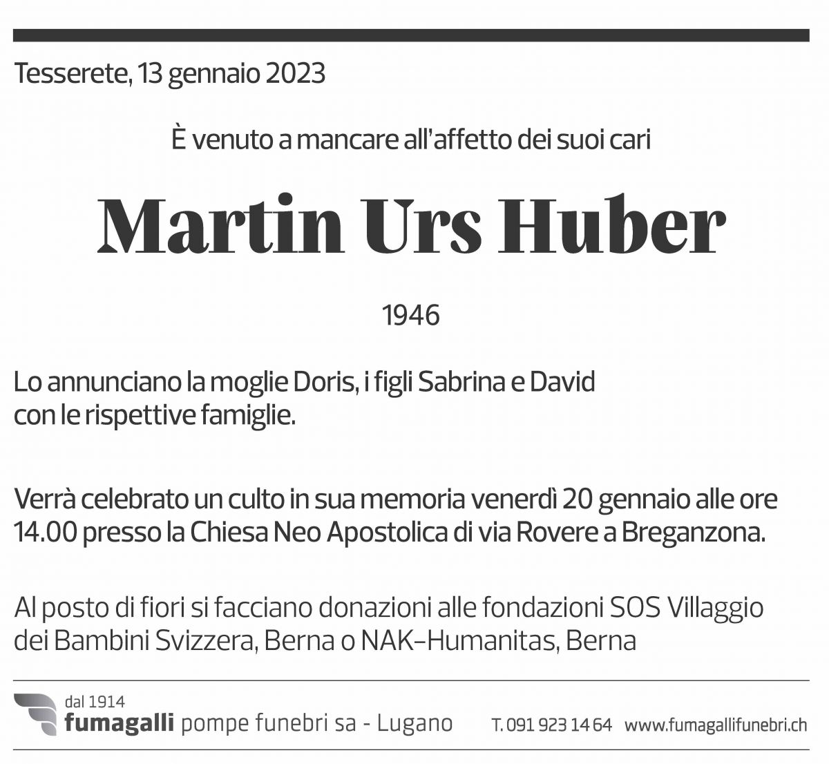 Annuncio funebre Martin Urs Huber