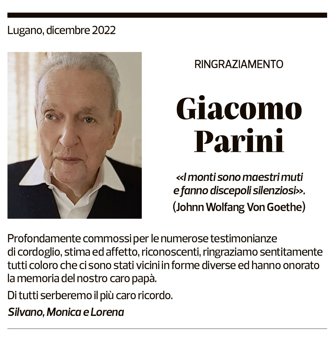 Annuncio funebre Giacomo Parini